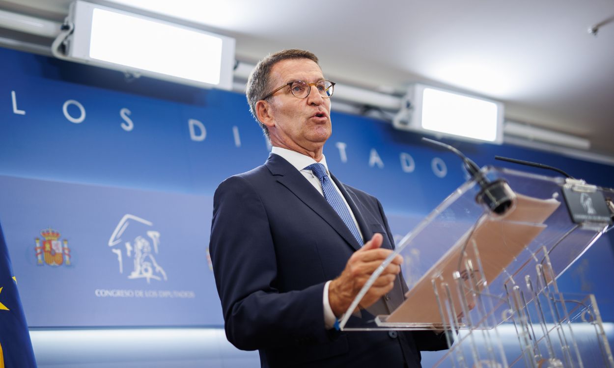 Alberto Núñez Feijóo, líder del PP, en rueda de prensa desde el Congreso. EP