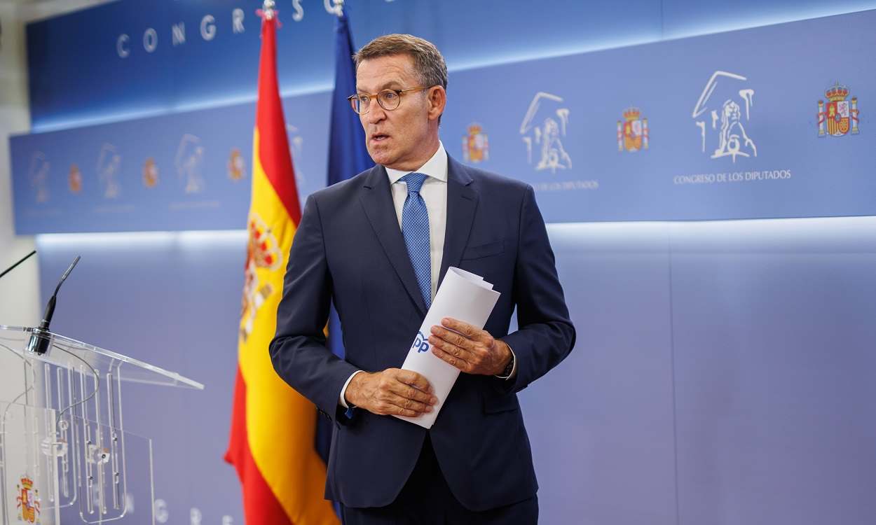 El líder del PP, Alberto Núñez Feijóo, en rueda de prensa en el Congreso. EP