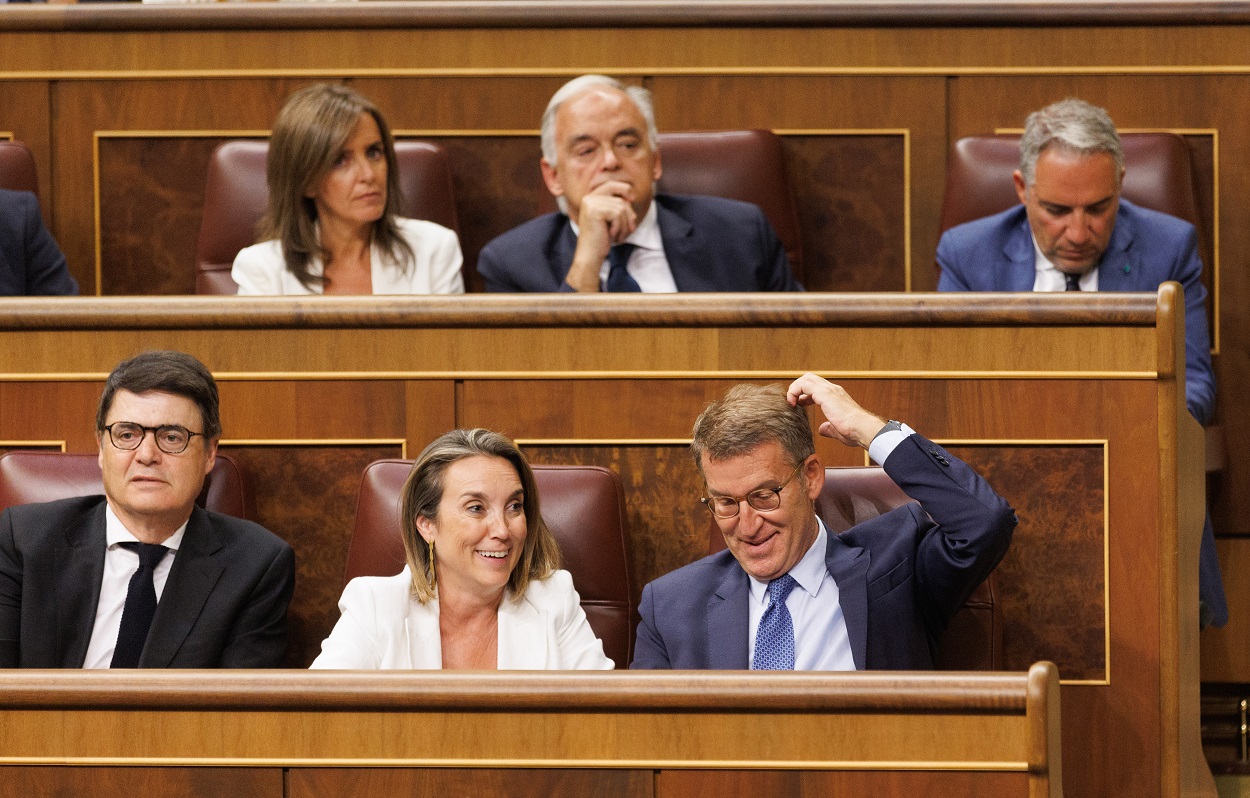 El líder del PP, Alberto Núñez Feijóo, en su escaño del Congreso. EP