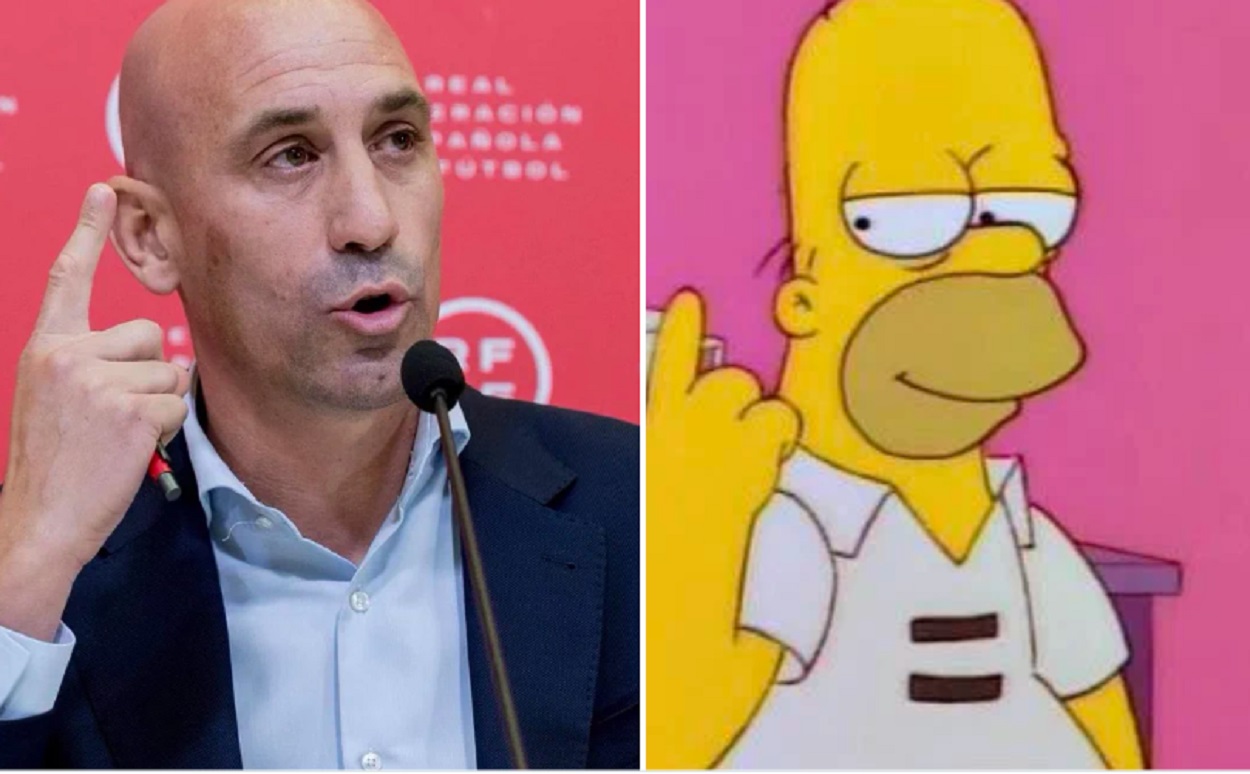 Luis Rubiales gestualizando como Homer Simpson. Twitter @robbhaifisch