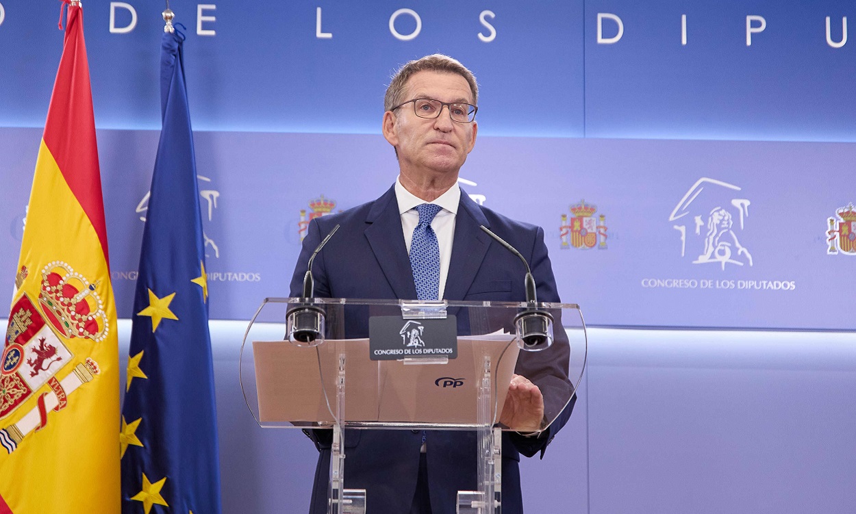 Alberto Núñez Feijóo, líder del PP, en rueda de prensa desde el Congreso. EP