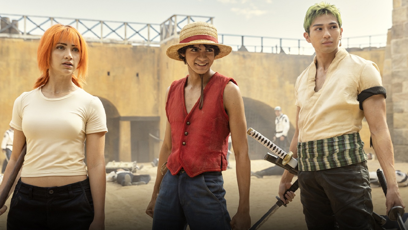 Emily Rudd (Nami), Iñaki Godoy (Luffy) y Mackenyu (Zoro). Netflix.