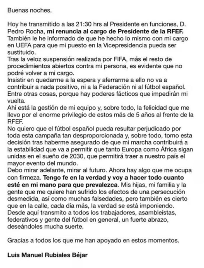 Comunicado de dimisión de Luis Rubiales