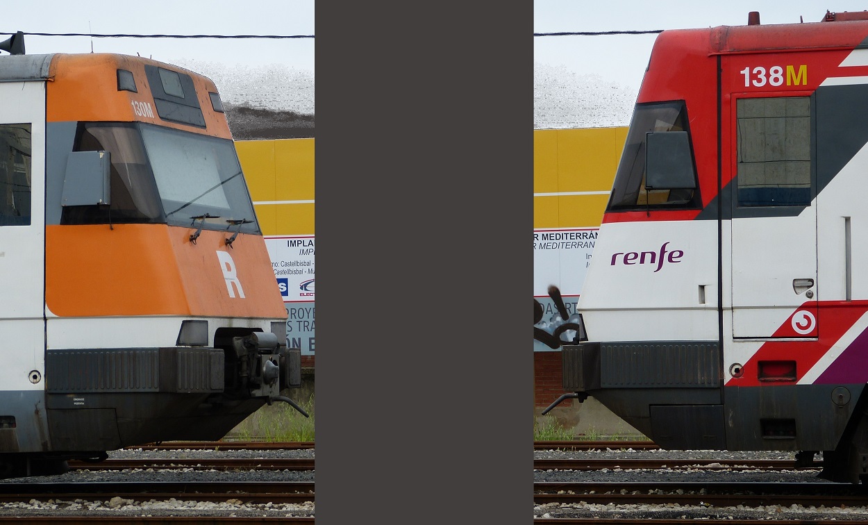 Trenes de Rodalies con la pintura de la Generalitat y la de Renfe. EP