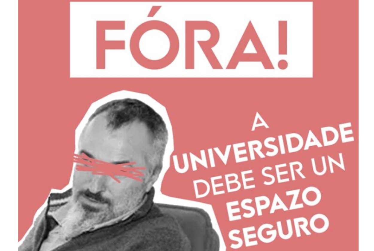 Cartel de Erguer. Estudantes da Galiza contra el regreso de este profesor a su puesto en la Universidad de Santiago de Compostela (Foto: Erguer).