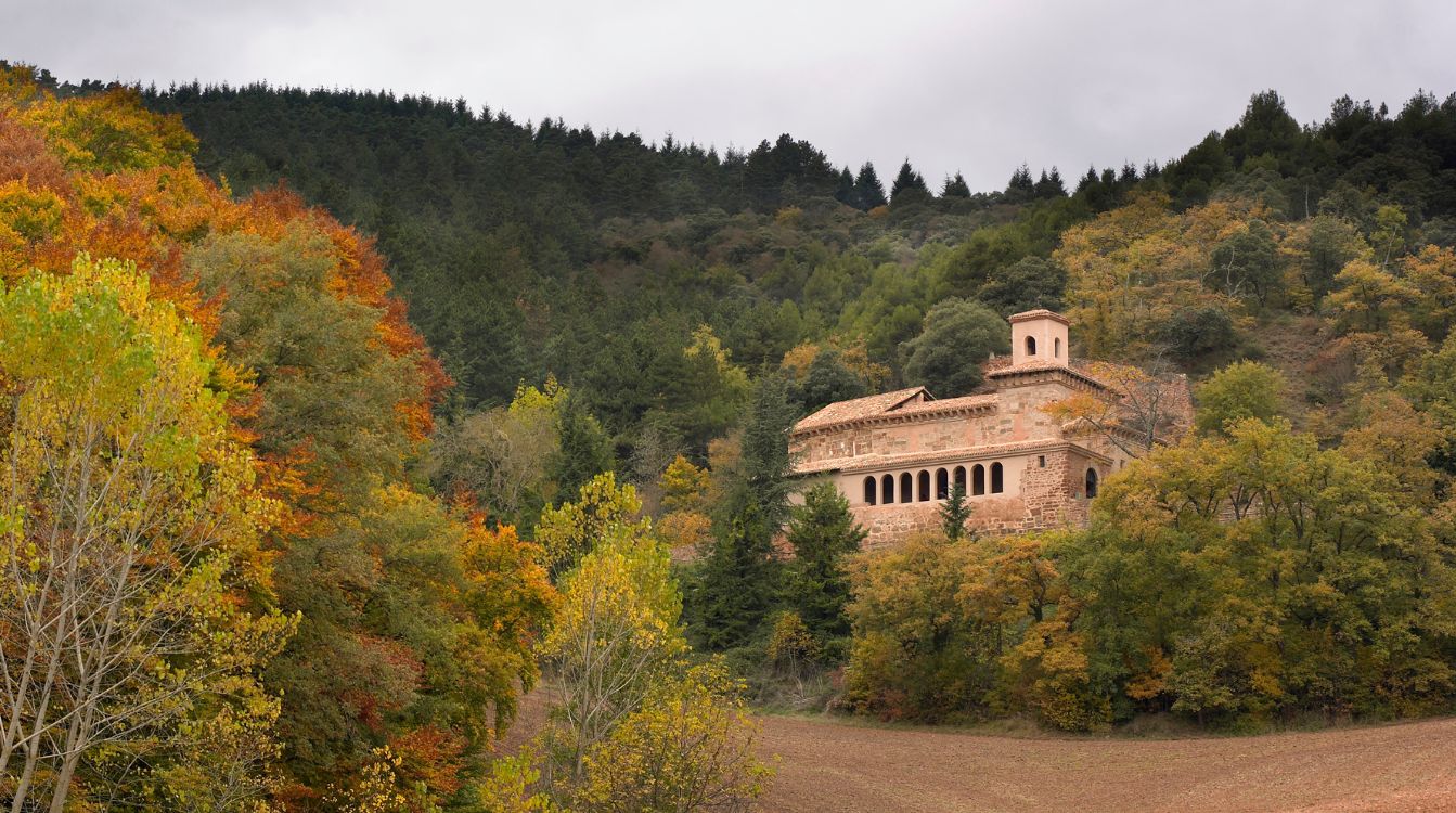 El Monasterio de Suso emerge entre los árboles durante el otoño, San Millán de la Cogolla