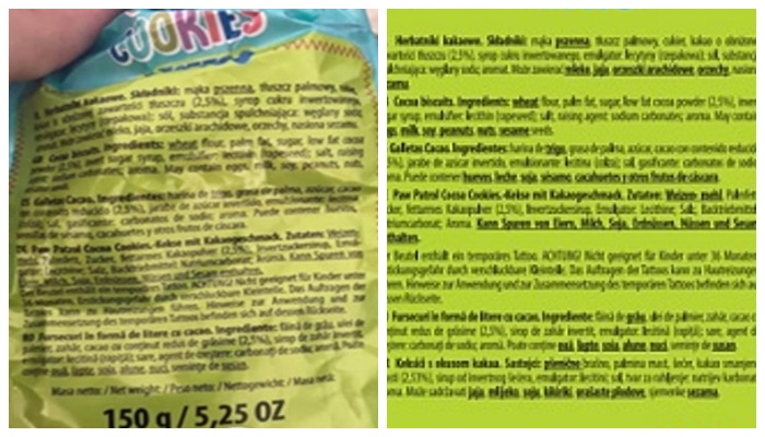 Etiquetados incorrecto y correcto de las galletas de la Patrulla Canina afectadas por la alerta