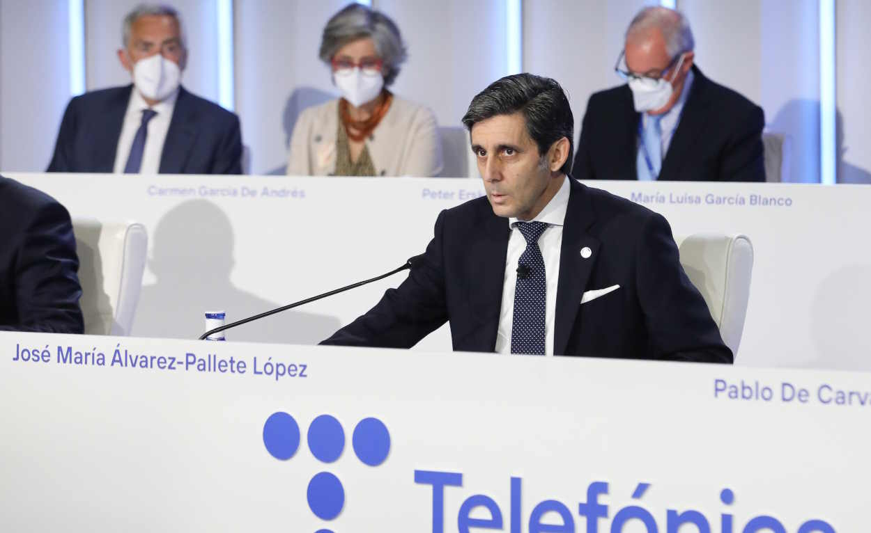 El presidente de Telefónica, José María Álvarez Pallete, durante la última junta de accionistas. EP