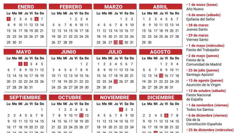 Calendario Comunidad de Madrid 2024. EP