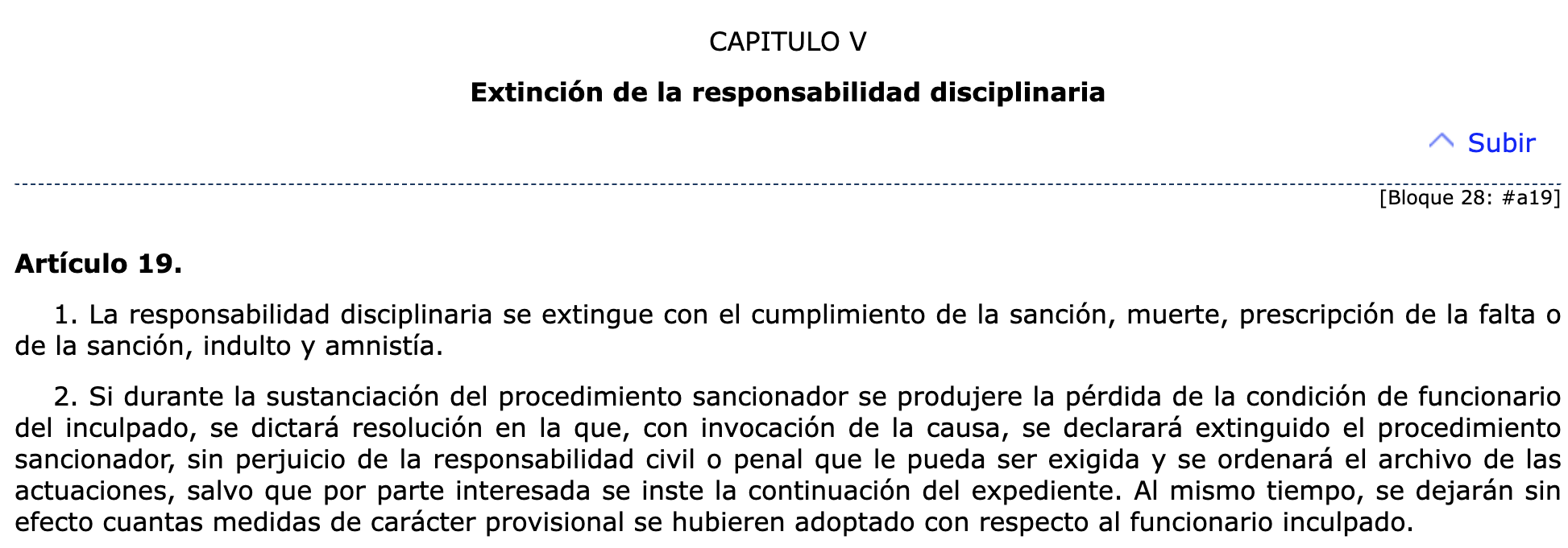 Capítulo V. Artículo 19.Real Decreto 33:1986, de 10 de enero, por el que se aprueba el Reglamento de Régimen Disciplinario de los Funcionarios de la Administración del Estado.Capítulo V. Artículo 19.Real Decreto 33/1986, de 10 de enero, por el que se aprueba el Reglamento de Régimen Disciplinario de los Funcionarios de la Administración del Estado.