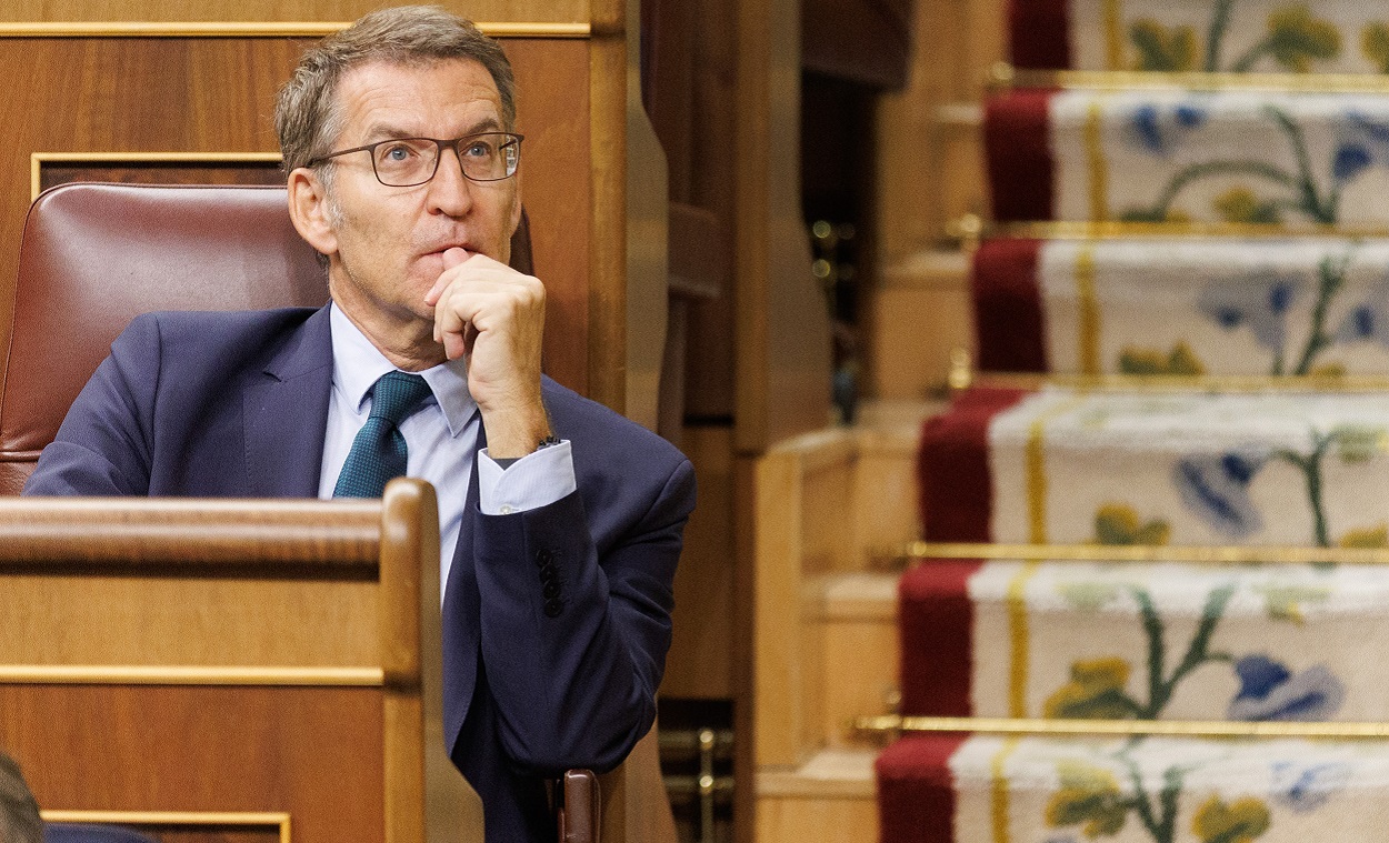 El líder del PP y candidato a la Presidencia del Gobierno, Alberto Núñez Feijóo, durante la segunda votación de la investidura del líder del Partido Popular. EP.