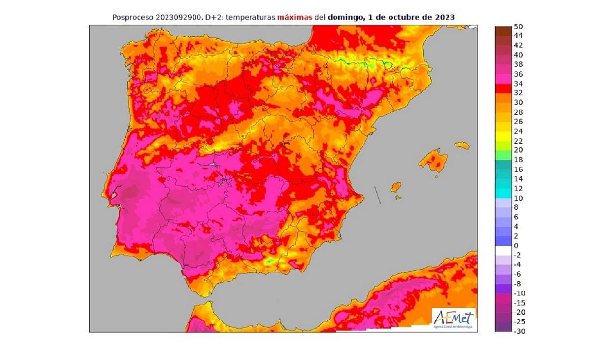 Septiembre bate récord de calor. Mapa de la Aemet sobre la previsión meteológica para el 1 de octubre. EP