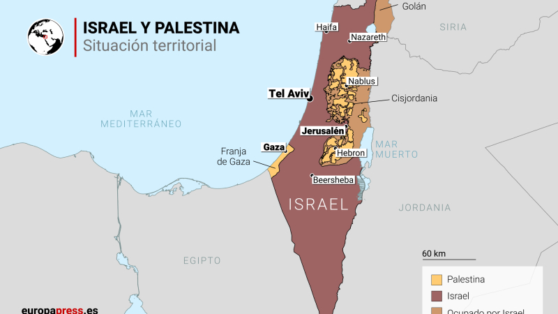 Mapa político de Israel y los territorios palestinos con la ubicación de Cisjordania y la Franja de Gaza. EP.