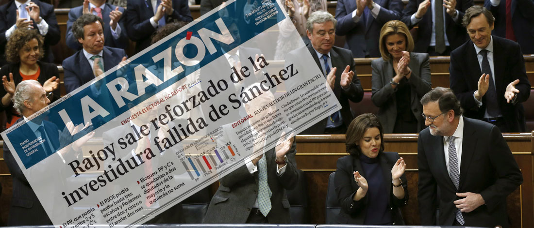 La portada de La Razón sobre los aplausos de la bancada del PP a Mariano Rajoy tras su intervención en la segunda votación del Debate de Investidura de Pedro Sánchez