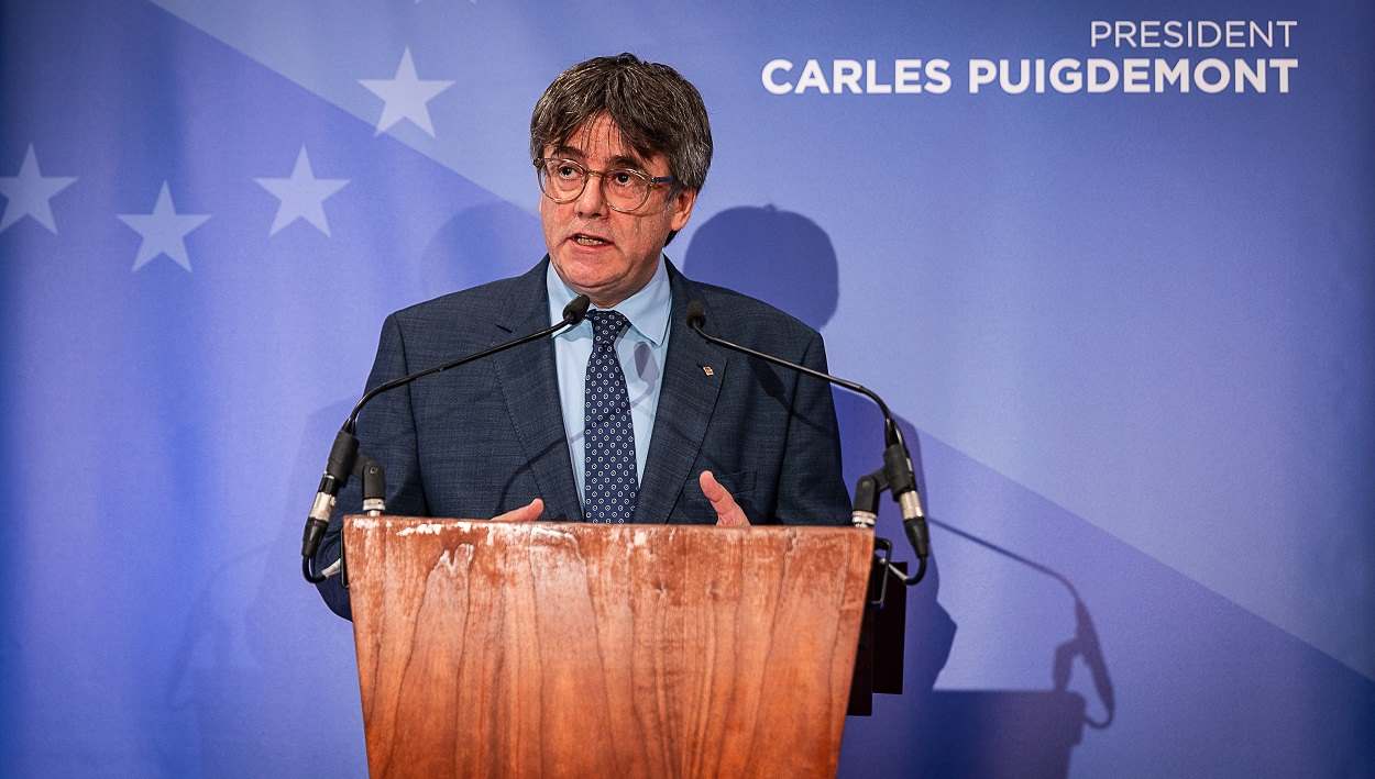 Carles Puigdemont, expresidente de la Generalitat y líder de Junts, en rueda de prensa. EP