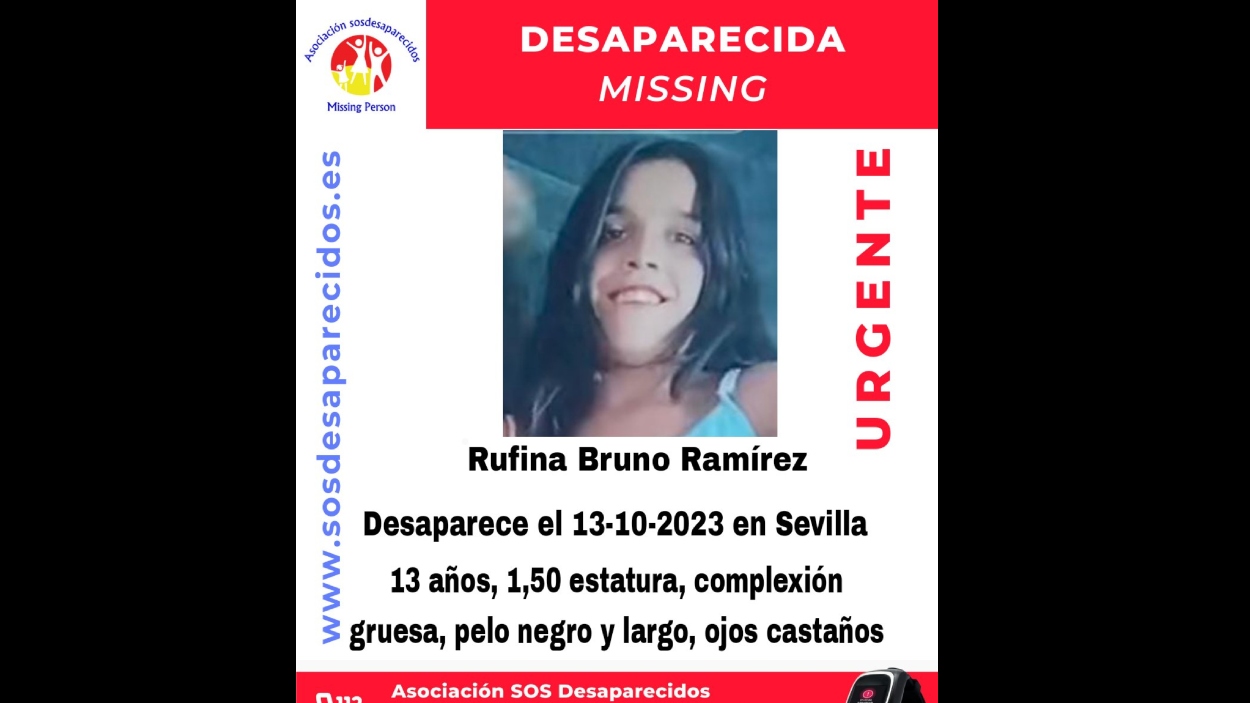 Buscan a Rufina Bruno Ramírez, una menor de 13 años desaparecida desde el viernes en Sevilla. SOS Desaparecidos.