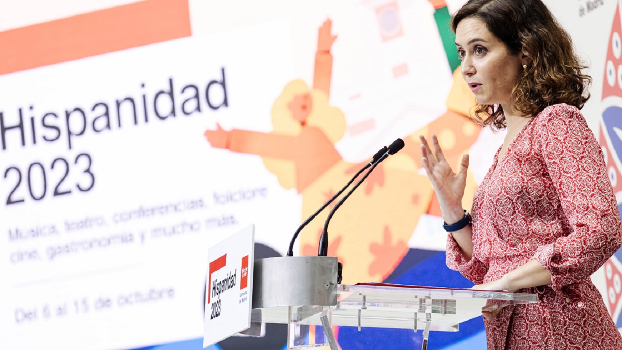La presidenta de la Comunidad de Madrid, Isabel Díaz Ayuso, en la presentación del programa de la Hispanidad 2023