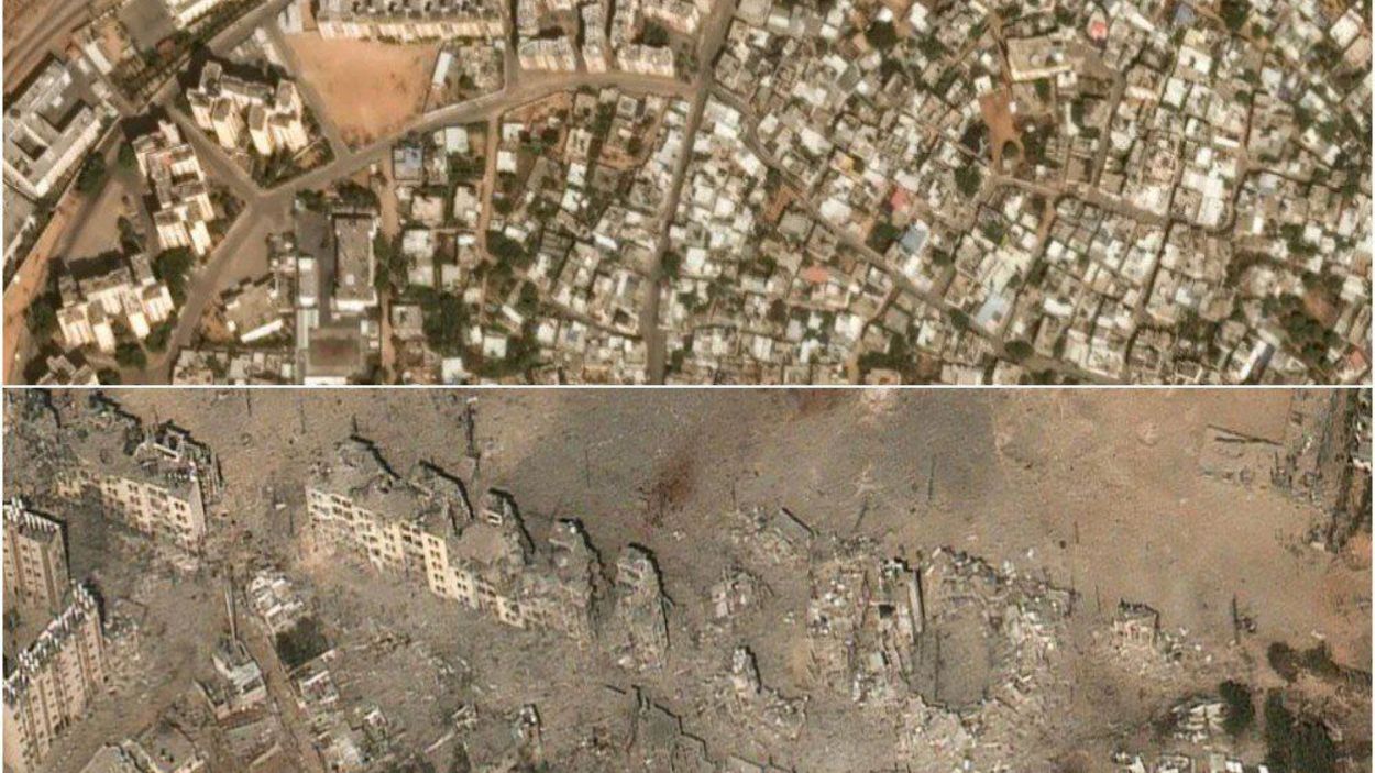 Antes y después de la Franja de Gaza tras los bombardeos israelíes. Maxar Technologies.