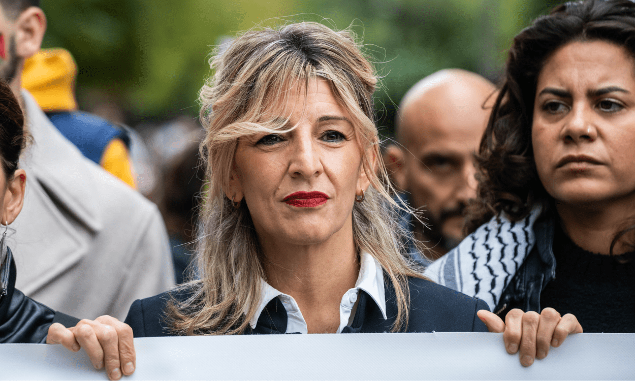 La vicepresidenta segunda del Gobierno y ministra de Trabajo y Economía Social en funciones, Yolanda Díaz, participa en la manifestación en apoyo a Palestina, a 29 de octubre de 2023, en Madrid.