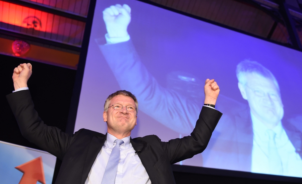 Joerg Meuthen, de 'Alternative for Germany' (AfD) celebra los resultados de los sondeos.
