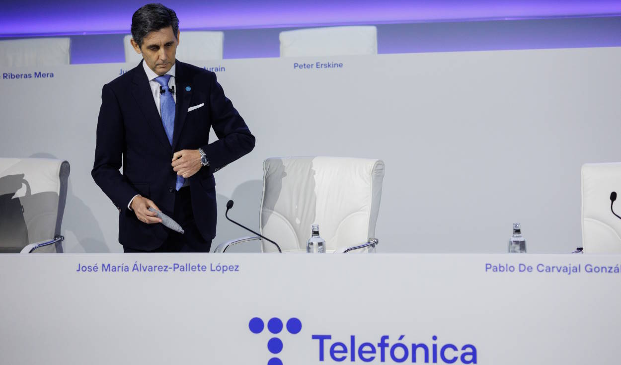 El consejero delegado de Telefónica, José María Álvarez Pallete, en la última junta de accionistas de la compañía. EP