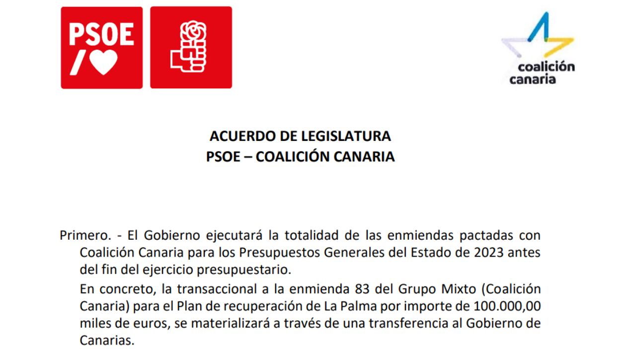 Documento íntegro del acuerdo de investidura entre PSOE y Coalición Canaria.
