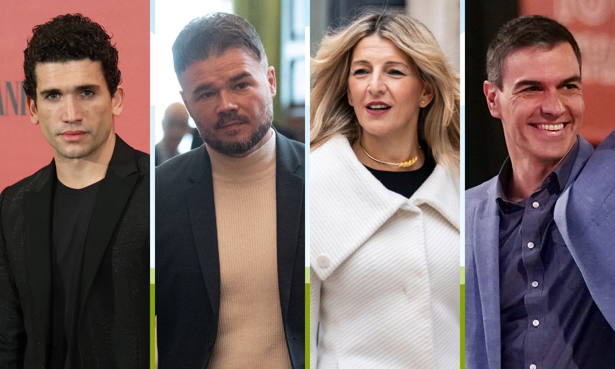 Jaime Lorente, Gabriel Rufián, Yolanda Díaz y Pedro Sánchez