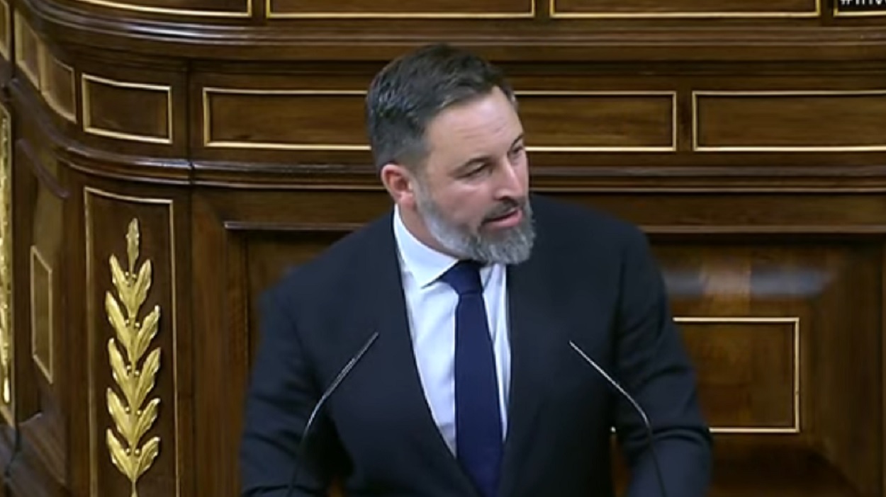 El presidente de Vox, Santiago Abascal, interviene en la sesión de investidura. RTVE