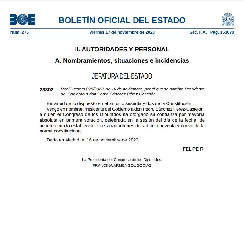 El BOE publica el nombramiento de Pedro Sánchez, por tercera vez, como presidente del Gobierno.