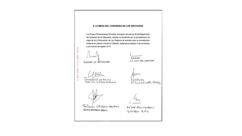 Escrito presentado por los socios de Sánchez para pedir la tramitación de la amnistía por la vía de urgencia. Congreso