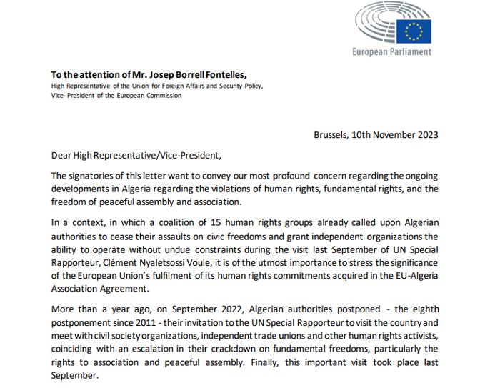 Imagen de la carta que los eurodiputados han enviado a Josep Borrell, Alto Representante para Asuntos Exteriores y Política de Seguridad y Vicepresidente de la Unión Europea