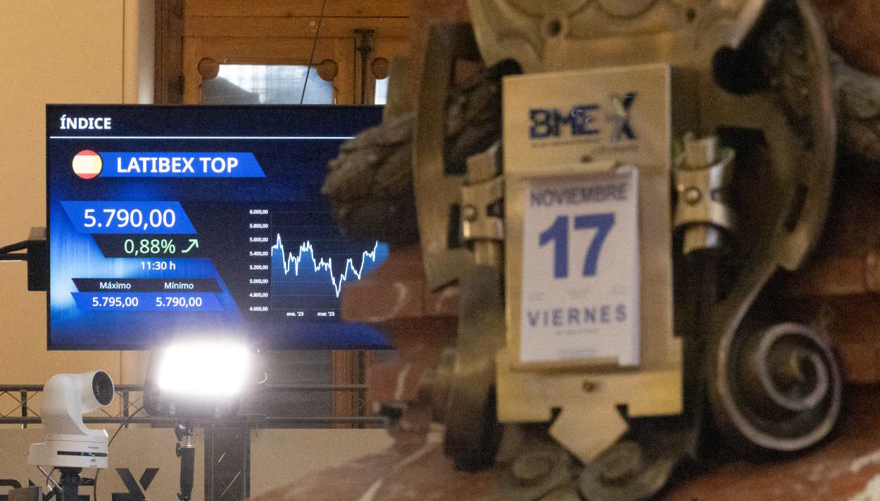 Paneles del Ibex en el Palacio de la Bolsa de Madrid el 17 de noviembre. EP