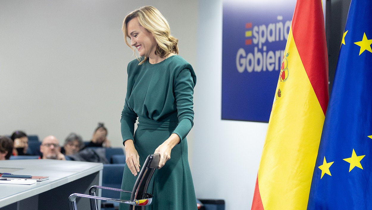 Pilar Alegría en su estreno como portavoz del Gobierno tras la primera reunión del Consejo de Ministros. EP