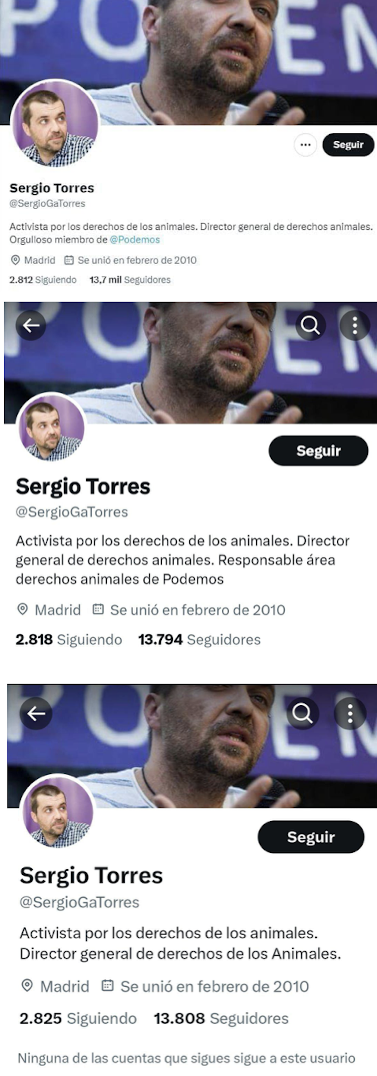 Evolución del pérfil de Twitter (ahora X) de Sergio García Torres. En un mes, ha pasado de presentarse como un %22orgulloso miembro de Podemos%22 a borrar su pasado en el partido morado. EP