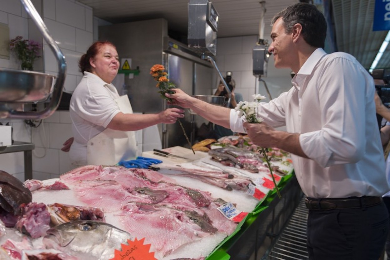 Pedro Sánchez, en campaña en un mercado de abastos. FSE-PSOE