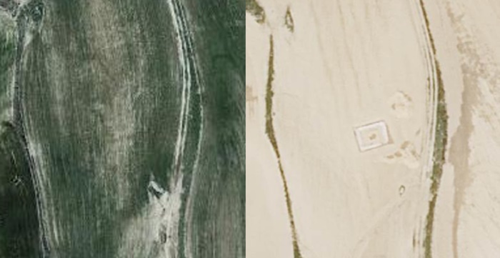 El antes y el después de la excavación. Unos simples cultivos escondían un edificio a las afueras de la ciudad de Caraca