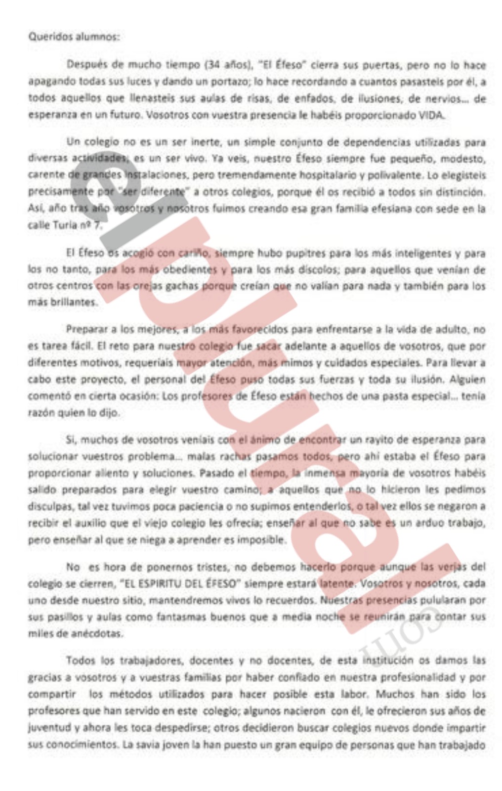 Carta de profesores del colegio Éfeso a sus alumnos. EP