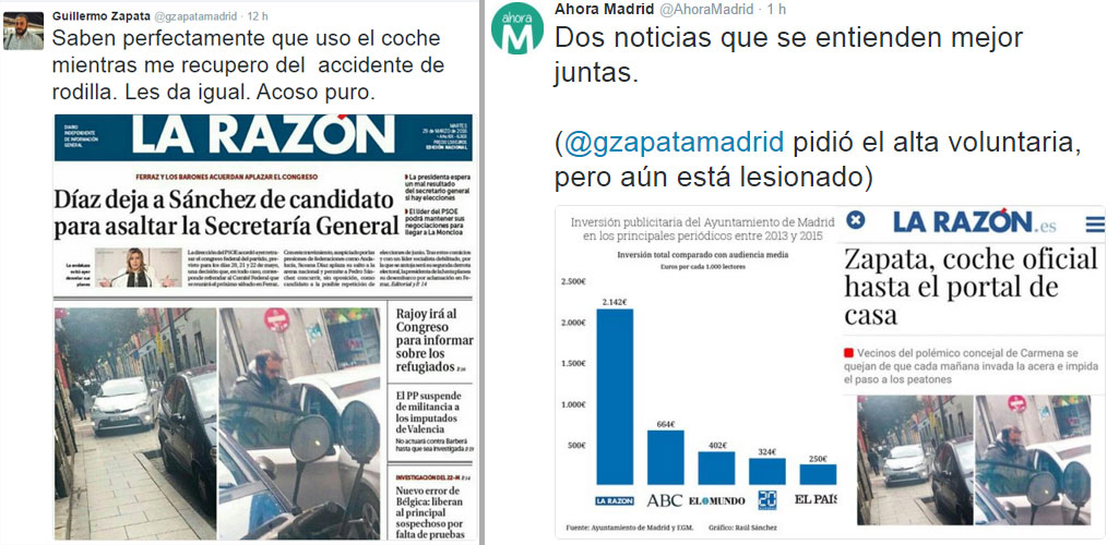 Tuits de Zapata y de Ahora Madrid sobre la portada de La Razón del coche oficial