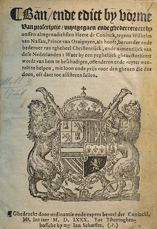 Primera página del edicto de proscripción en el que se condena a Guillermo de Orange