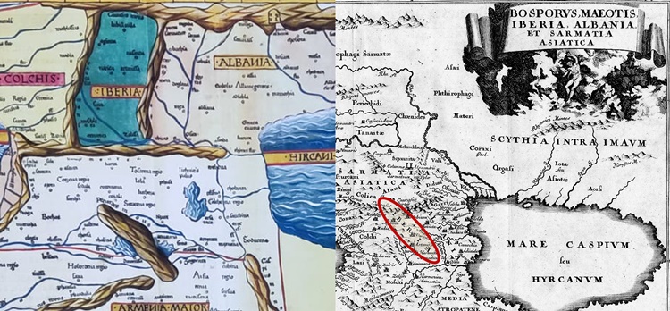 Desde los mapas medievales a hasta los del siglo XIX, pasando por algunos como este de Christoph Cellarius (a la derecha) Georgia siempre apareció mencionada como Iberia