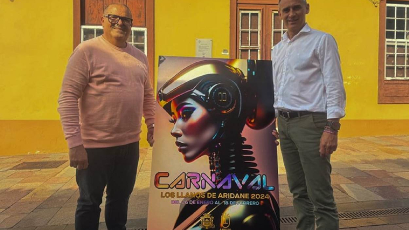 El alcalde y concejal presentan el cartel del carnaval 2024. Ayunt Los Llanos de Aridane