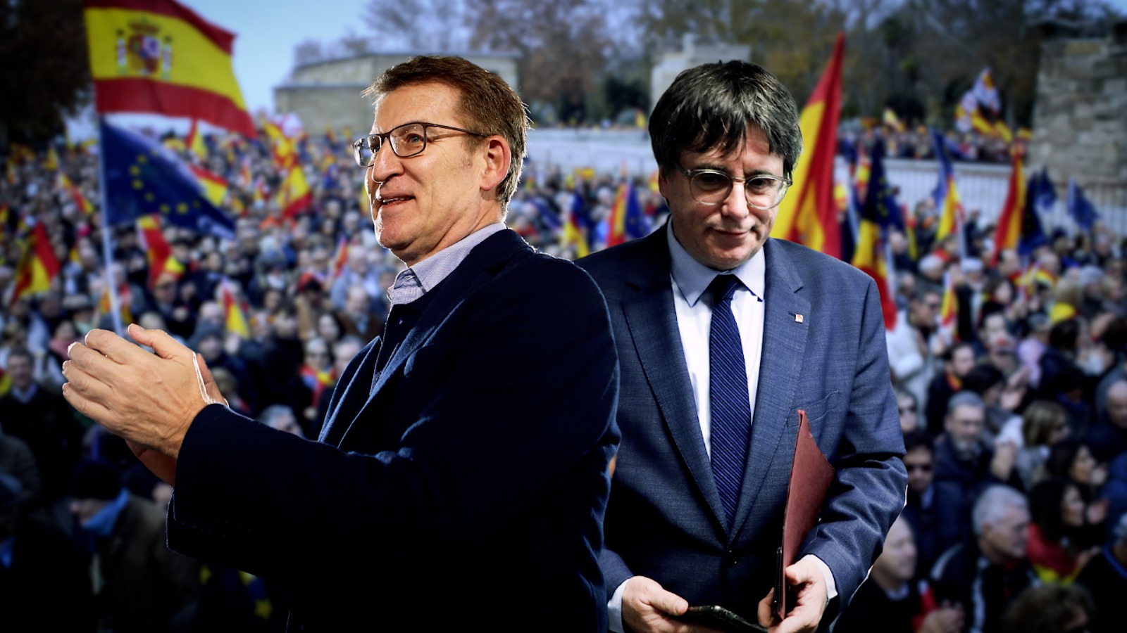 El líder del PP, Alberto Núñez Feijóo, y el expresident de la Generalitat catalana, Carles Puigdemont, en una imagen de elaboración propia.