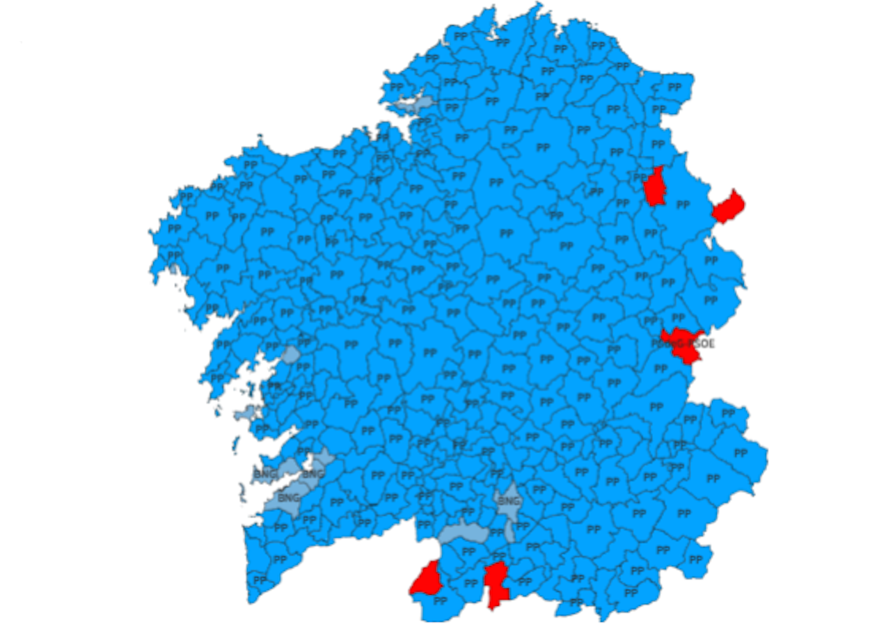 Partido ganador por municipios en las elecciones gallegas de 2024. EP