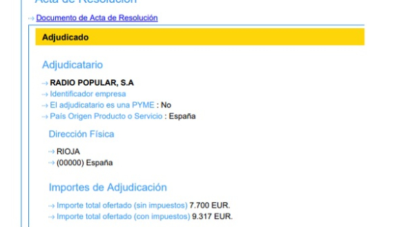 Adjudicación del contrato a Radio Popular (COPE), por 9.317 euros.