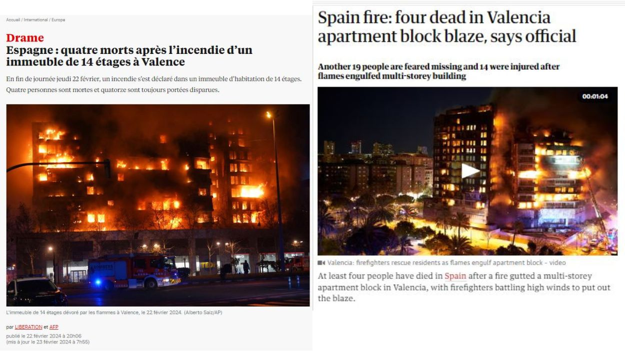 El incendio de Valencia llega a la prensa internacional, y tampoco se libra del sensacionalismo. Elaboración propia