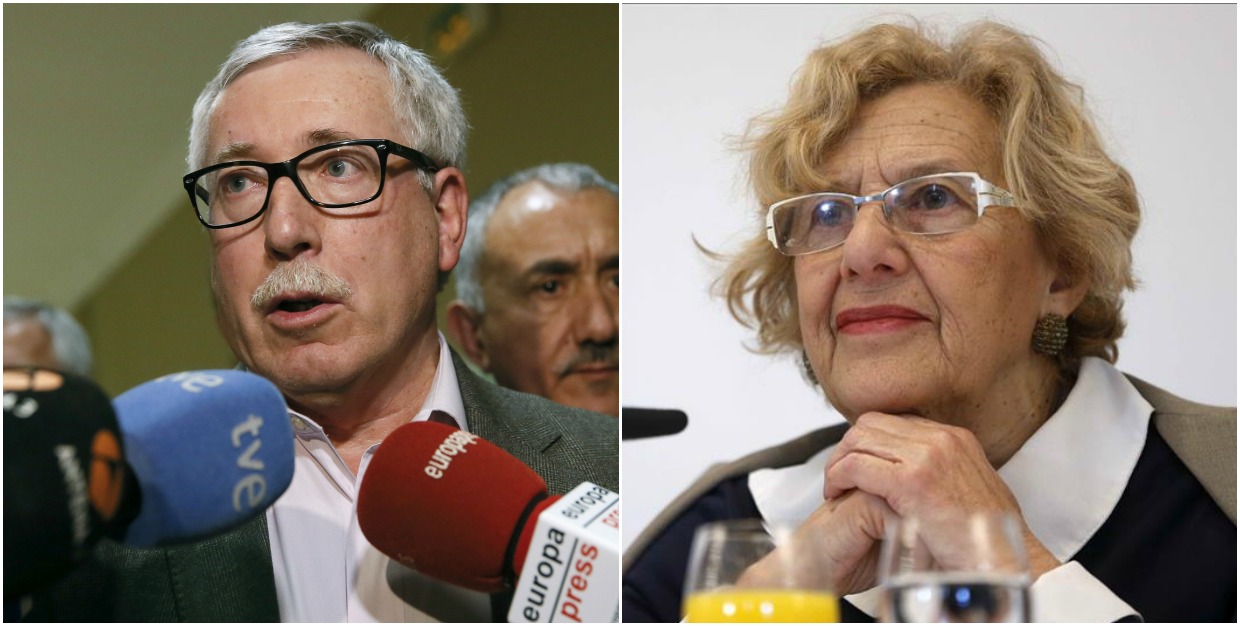 El secretario de CCOO, Ignacio Fernández Toxo, y la alcaldesa de Madrid, Manuela Carmena