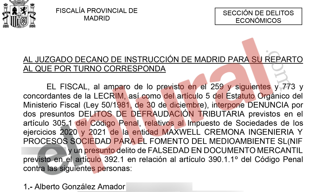 Un fragmento de la denuncia de la Fiscalía de Madrid contra Alberto González Amador, pareja de Isabel Díaz Ayuso.