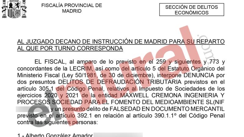 Un fragmento de la denuncia de la Fiscalía de Madrid contra Alberto González Amador, pareja de Isabel Díaz Ayuso.