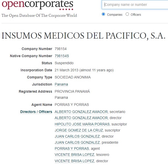 Información de Insumos Médicos del Pacífico. Open Corporates. EP