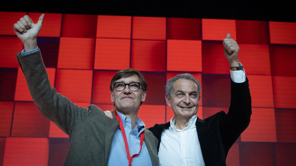 Salvador Illa y José Luis Rodríguez Zapatero en el XV Congreso del PSC en Barcelona. EP.